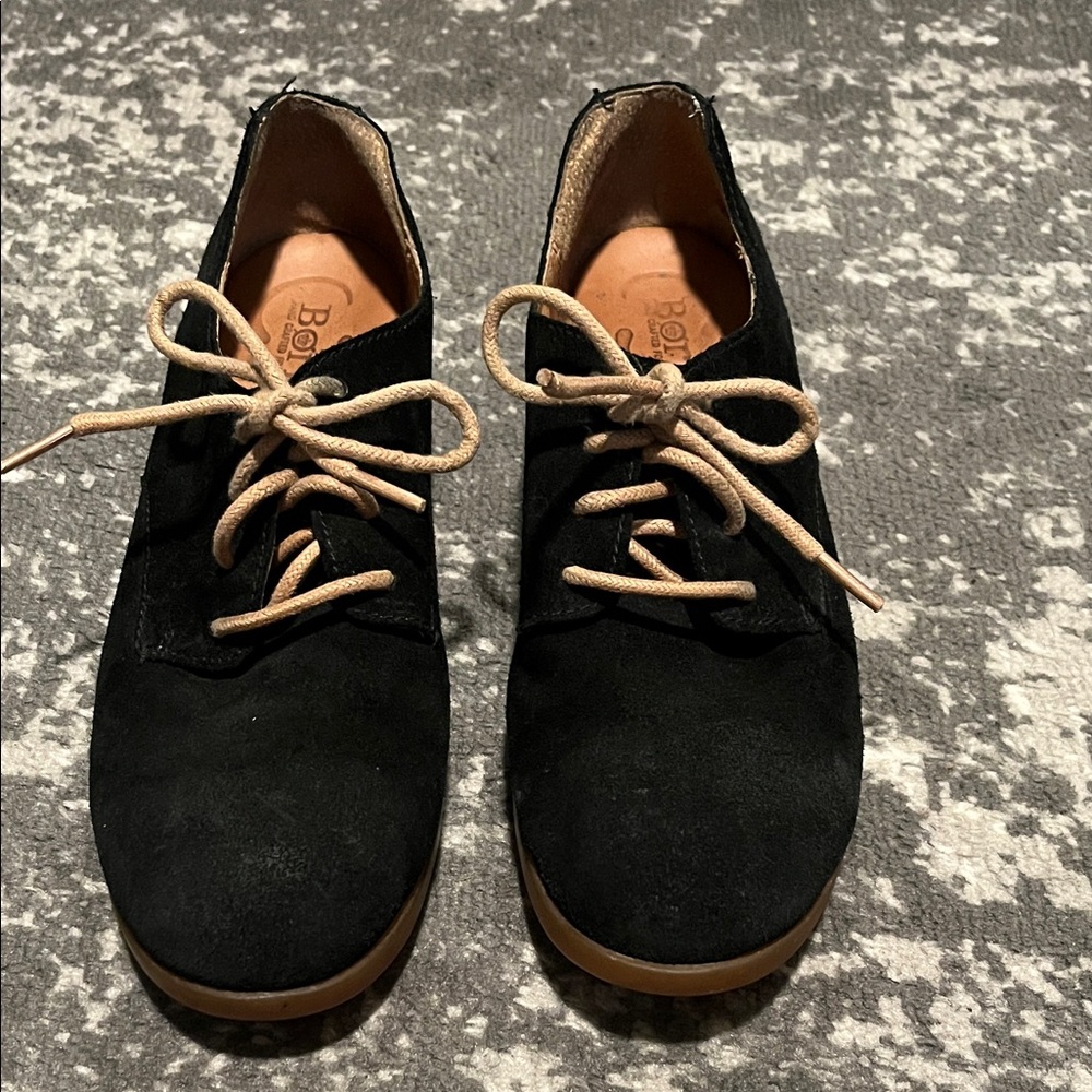 Born Black Suede Flats with Tan Laces